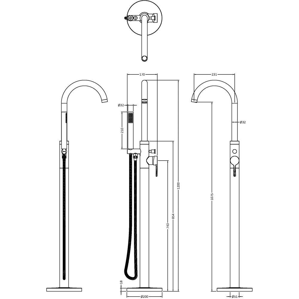 nuie Aztec Matt Black Tec Floor Standing Bath Shower Mixer Tap Image 2