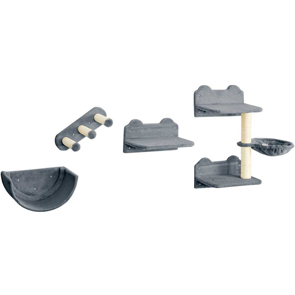 PawHut 4PCs Wall Mounted Cat Tree Cat Wall Shelves W/ Scratching Post Grey Image 1
