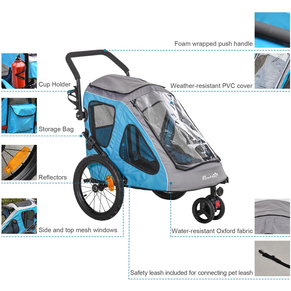 PawHut 2 IN 1 Dog Bicycle Trailer Blue Image 2