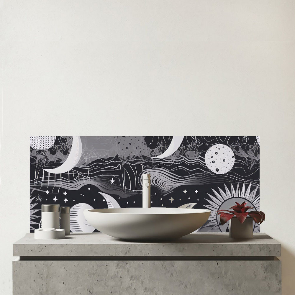 Warren Reed Designer Abstract Black White Moon and Sun Glass Bathroom Splashback 25 x 60cm Image 1