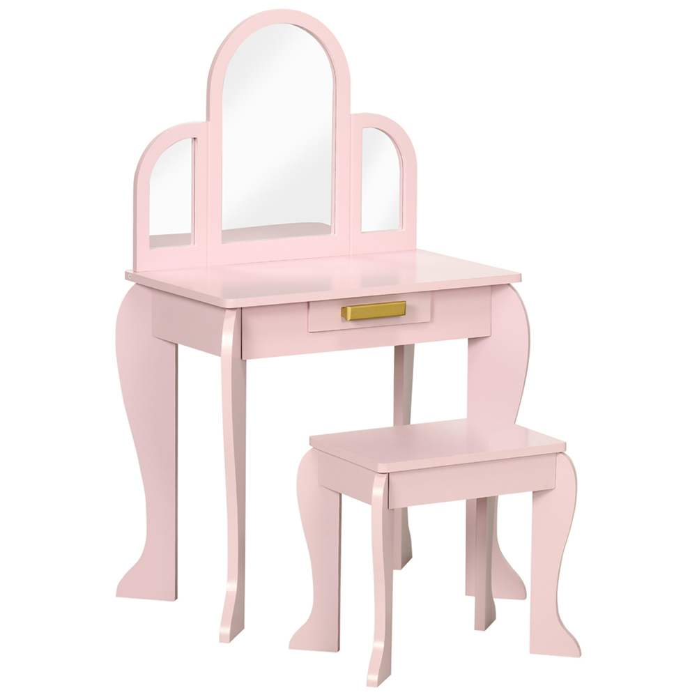 HOMCOM Kids Pink Dressing Table Set with Stool and Mirror Image 1