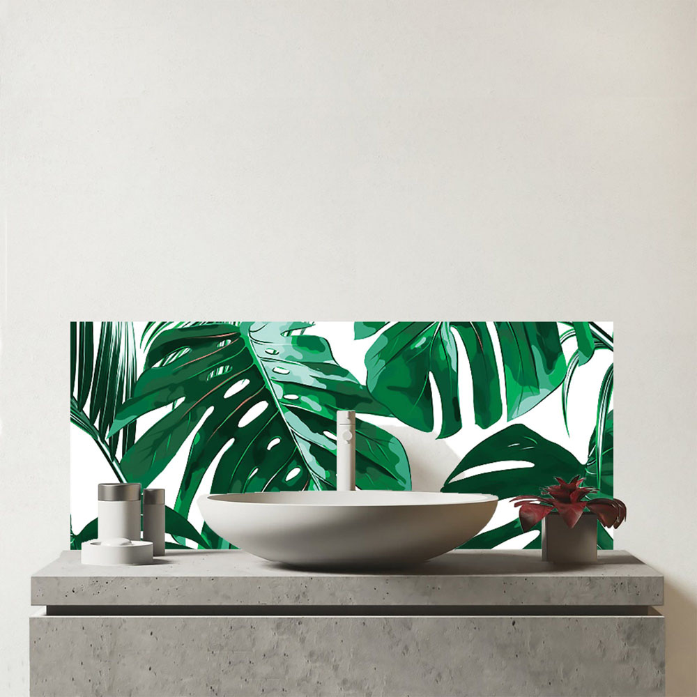 Warren Reed Designer Tropical Jungle Leaf Pattern Glass Bathroom Splashback 25 x 60cm Image 1