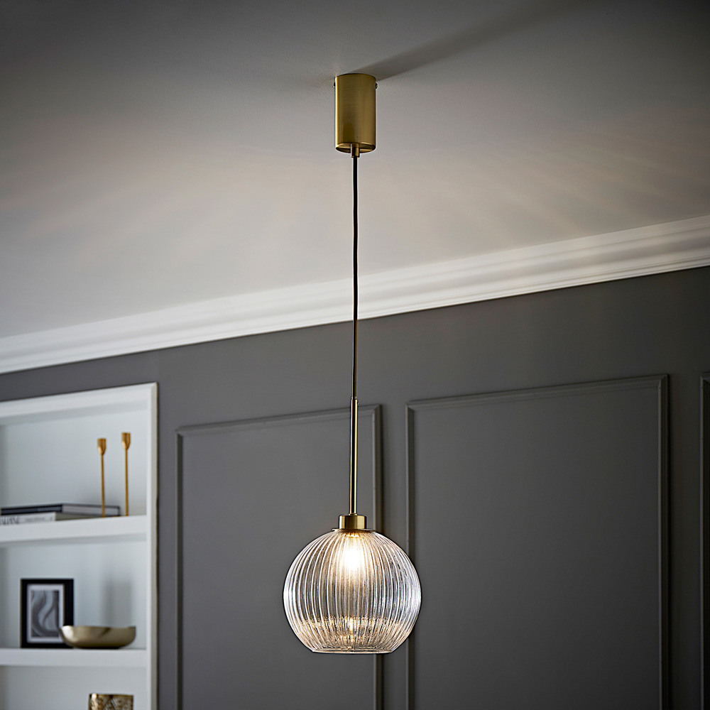 ValueLights Maddison Clear Ribbed Glass Shade Brushed Gold LED Ceiling Pendant Light With Bulb Image 2