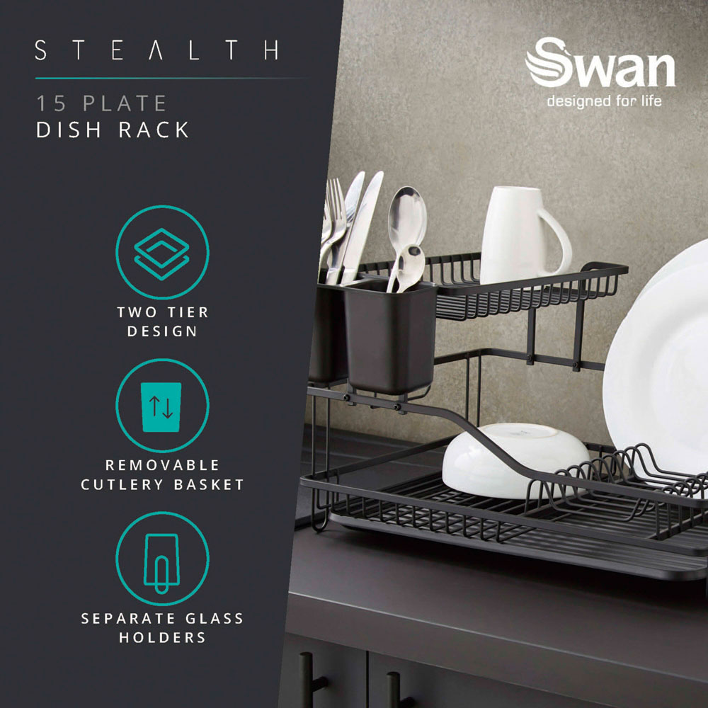 Swan Stealth 2-Tier Black 15 Plate Dish Rack Image 3