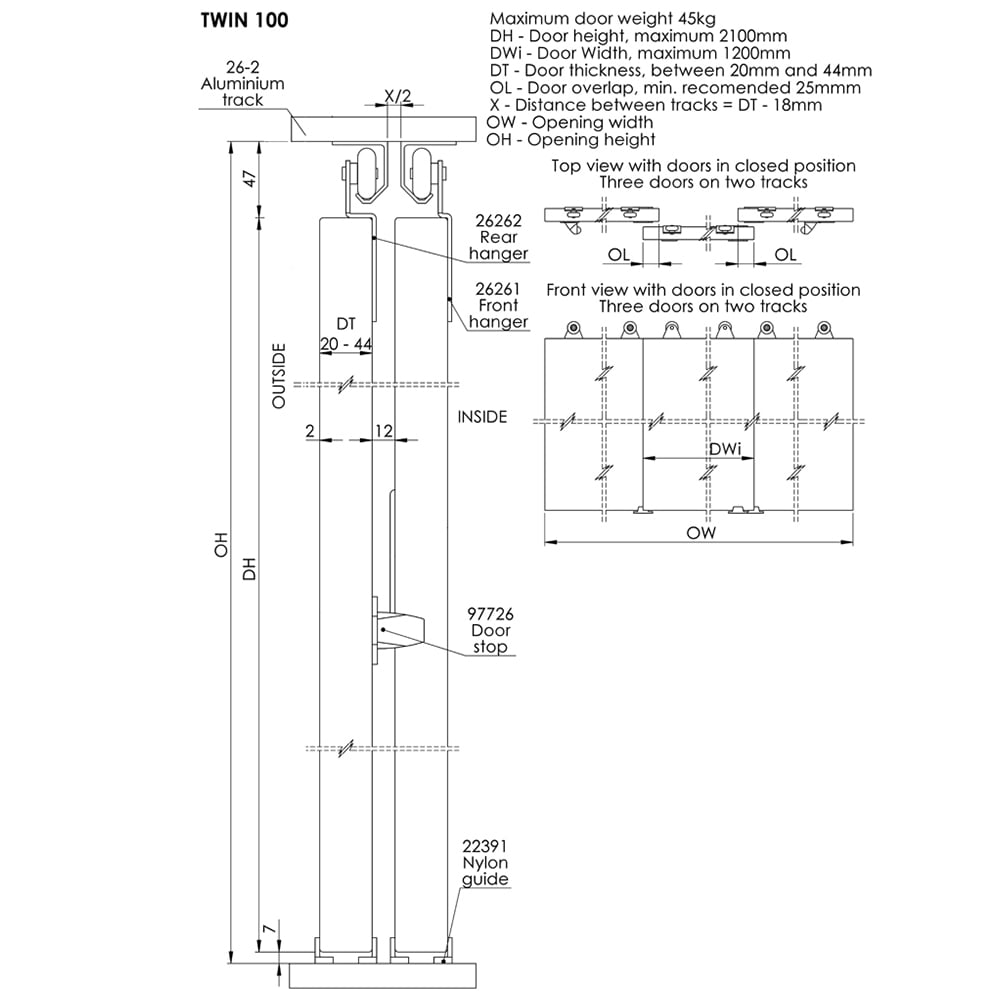 Coburn Twin 100 2 Door Sliding Cupboard Track Fixing Kit 1.8m Image 3