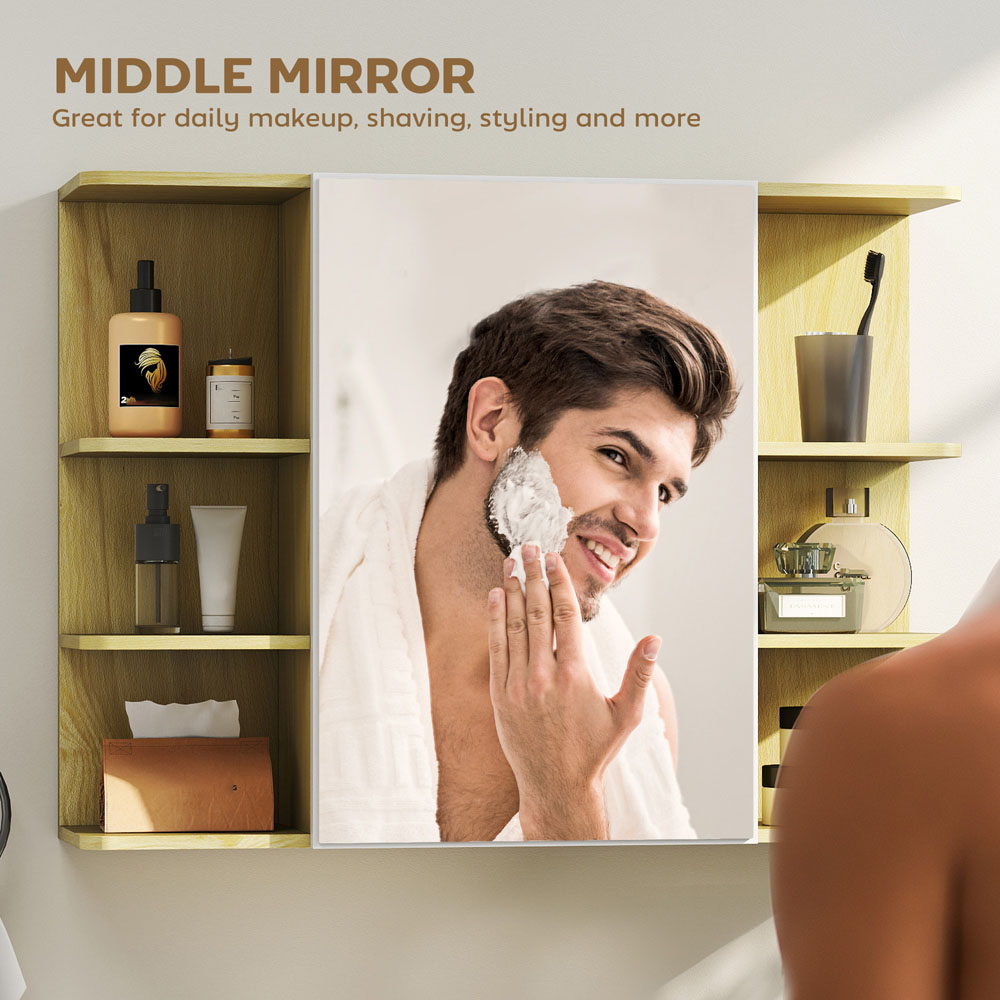 HOMCOM Single Door 6 Shelf Natural Wall Mounted Mirror Bathroom Storage Cabinet Image 4