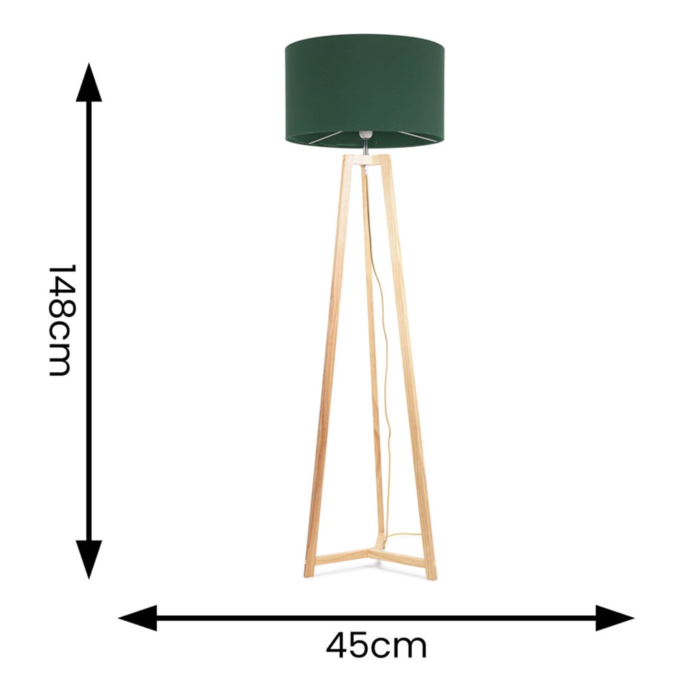 ValueLights Lottie Green Fabric Drum Shade Natural Wood Tripod LED Floor Lamp Image 4