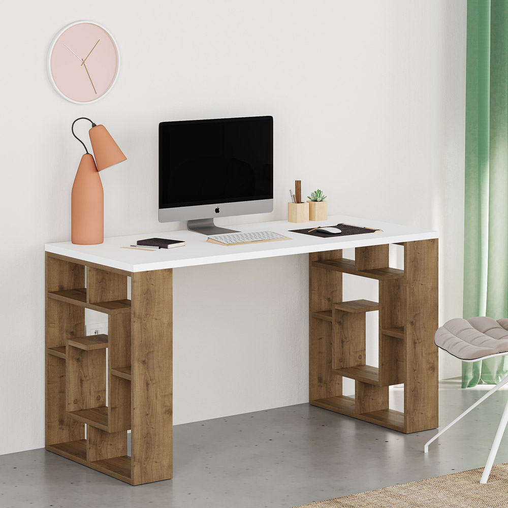 Decortie Labirent Bookshelf Leg Modern Computer Desk White and Oak Effect Image 3