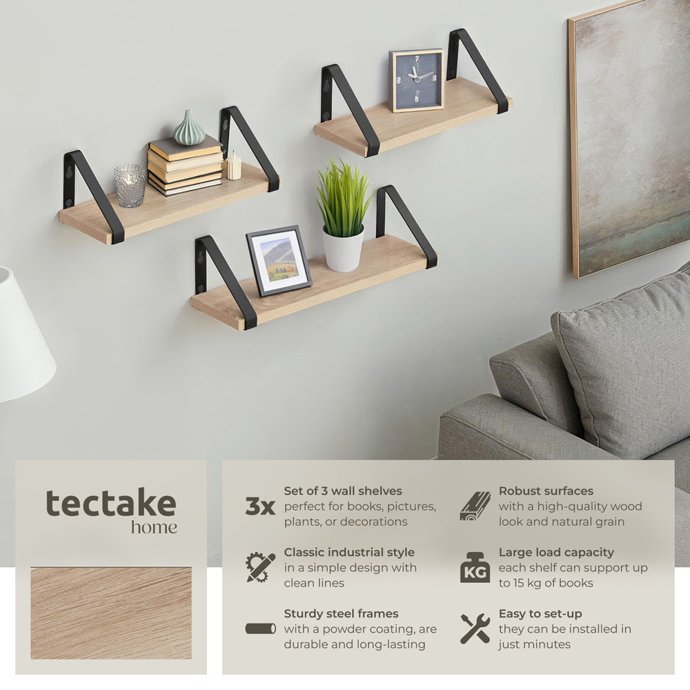 tectake Oak Wall Shelf with Decorative Metal Bracket Set of 3 Image 6