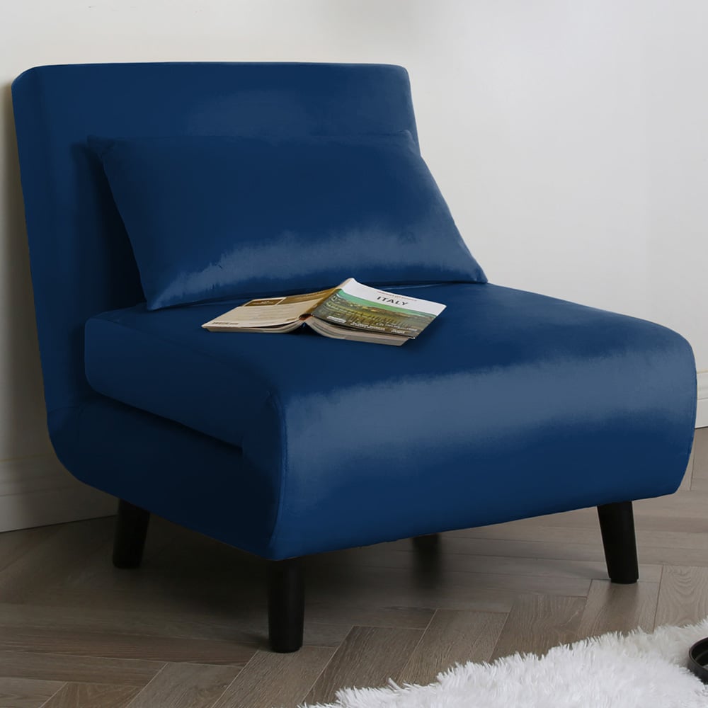 Aurora Single Seater Blue Velvet Sofa Bed Image 1