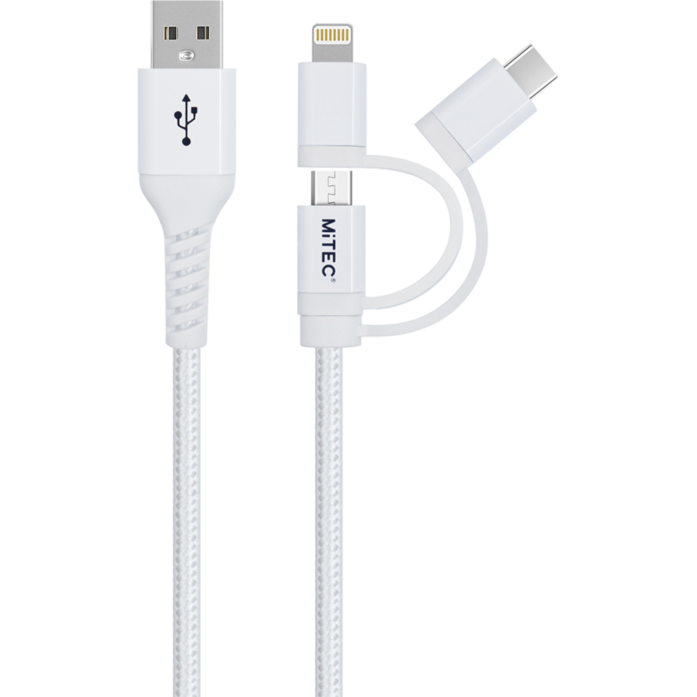 MiTEC MiPOWER White Braided Lightning USB-C Micro USB to USB-A Cable 1m Image 1