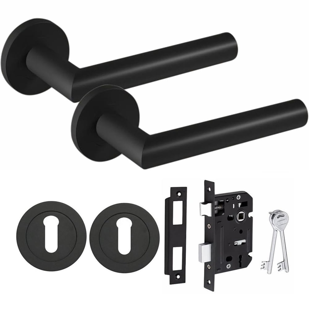 Golden Grace Mitred Matt Black Key Lock Door Handle Pair with 3 Lever Mortise and Key Hole 64mm Image 1