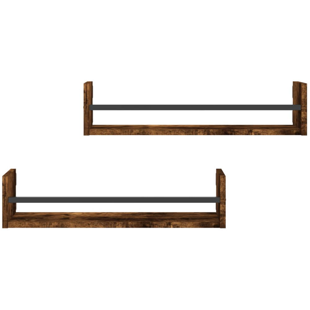 vidaXL 60cm Smoked Oak Floating Wall Shelf with Bar Set of 2 Image 3
