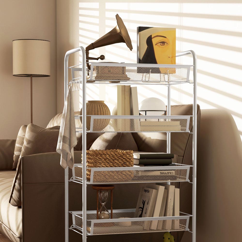 HOMCOM 5-Tier White Utility Rolling Cart with Removable Mesh Baskets Image 5