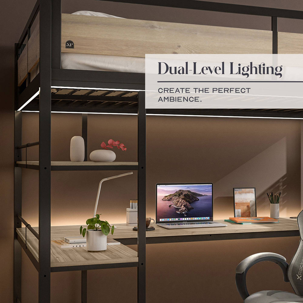 XR Living Denver Double Oak and Black High Sleeper with Storage and App Controlled LED Lights Image 4