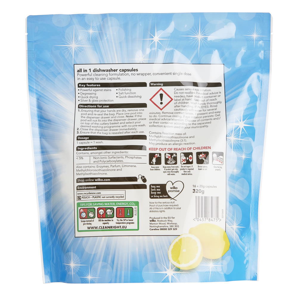Wilko All in 1 Dishwasher Capsules Lemon 16pk Wilko