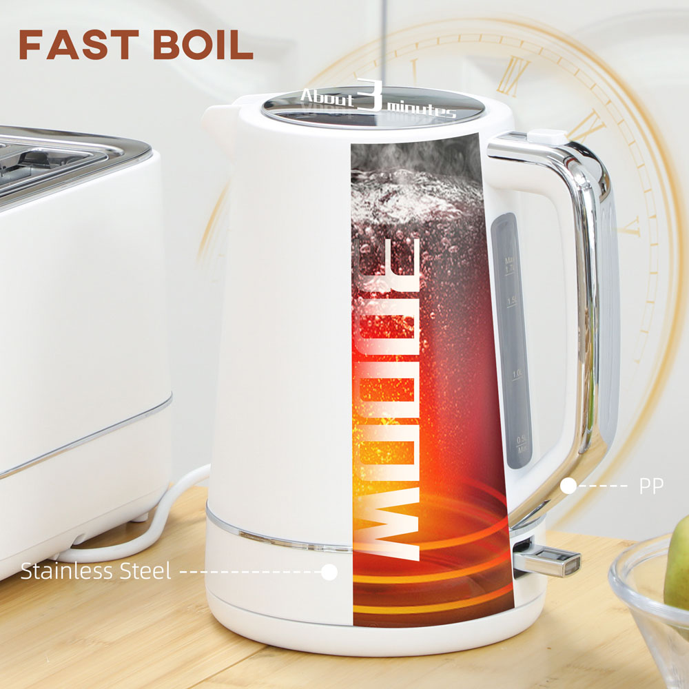 HOMCOM 800-232V70WT White 1.7L Fast Boil Electric Kettle 3000W and 2 Slice Toaster Set Image 8