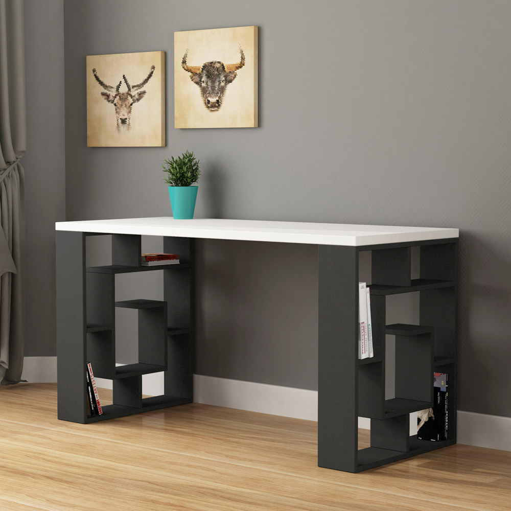 Decortie Labirent Bookshelf Leg Modern Computer Desk White and Anthracite Grey Image 3