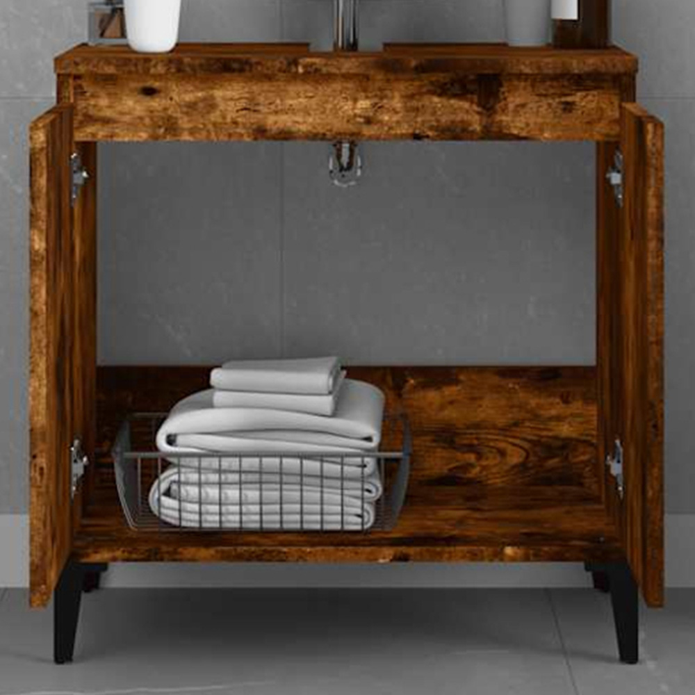 vidaXL 2 Door Wood Smoked Oak Washbasin Cabinet Image 1