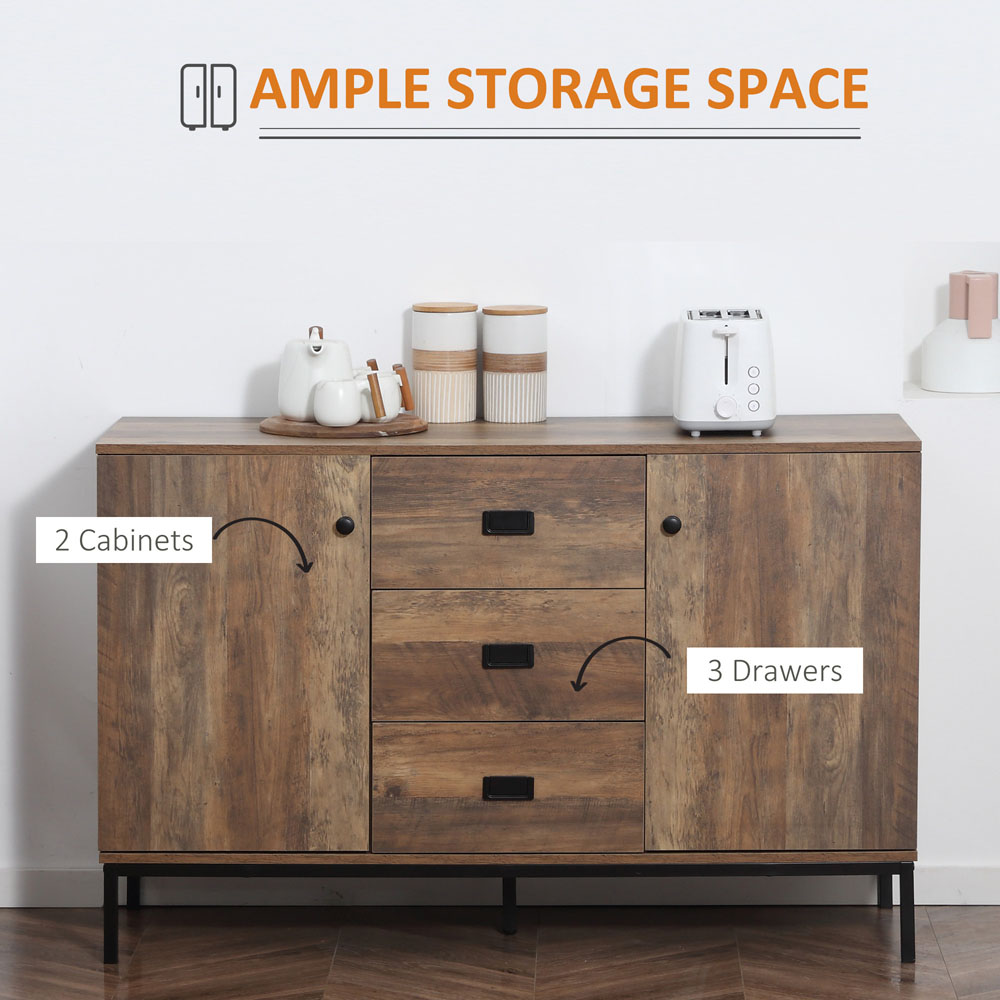 HOMCOM 2 Door 3 Drawer Distressed Brown Retro Sideboard Image 8