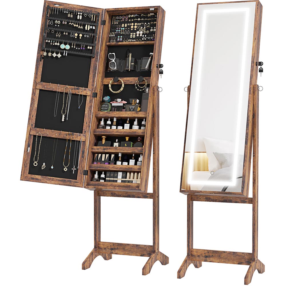 Portland Rustic Brown Mirrored Lockable Jewellery Cabinet with LED Light Image 3