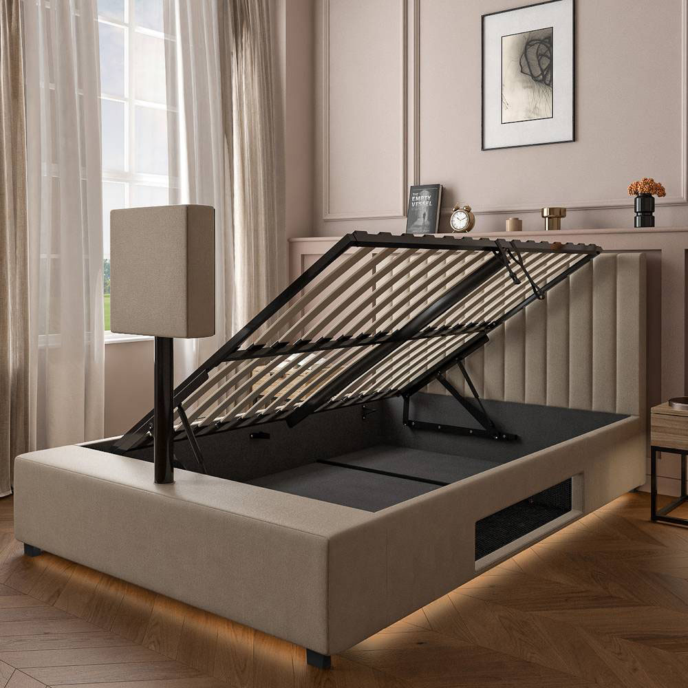 XR Living Maisie King Natural Stone Velvet Ottoman TV Bed with LED Under Frame Image 4