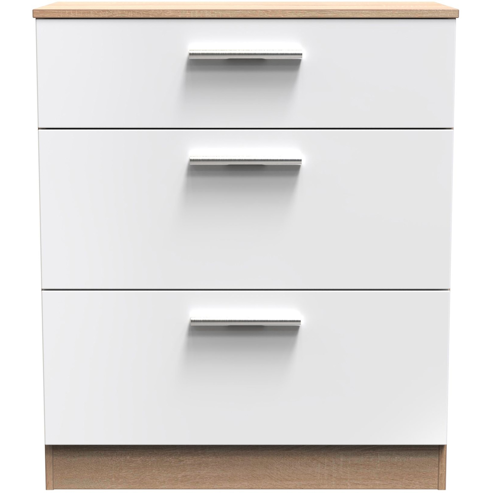 Crowndale Contrast 3 Drawer White Gloss and Bardolino Oak Deep Chest of Drawers Image 3