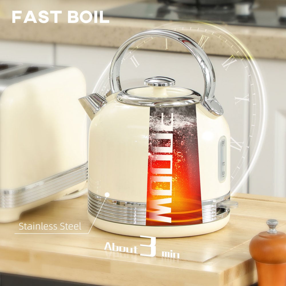 HOMCOM 800-212V70CW Cream 1.7L Fast Boil Electric Kettle 3000W and 4 Slice Toaster Set Image 8