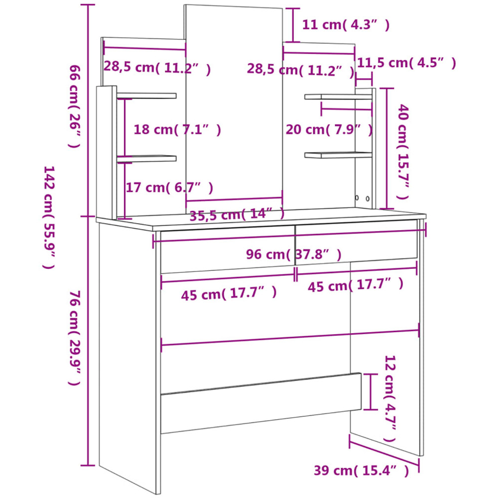 vidaXL 2 Drawer 4 Shelf Concrete Grey Dressing Table with Mirror Image 9