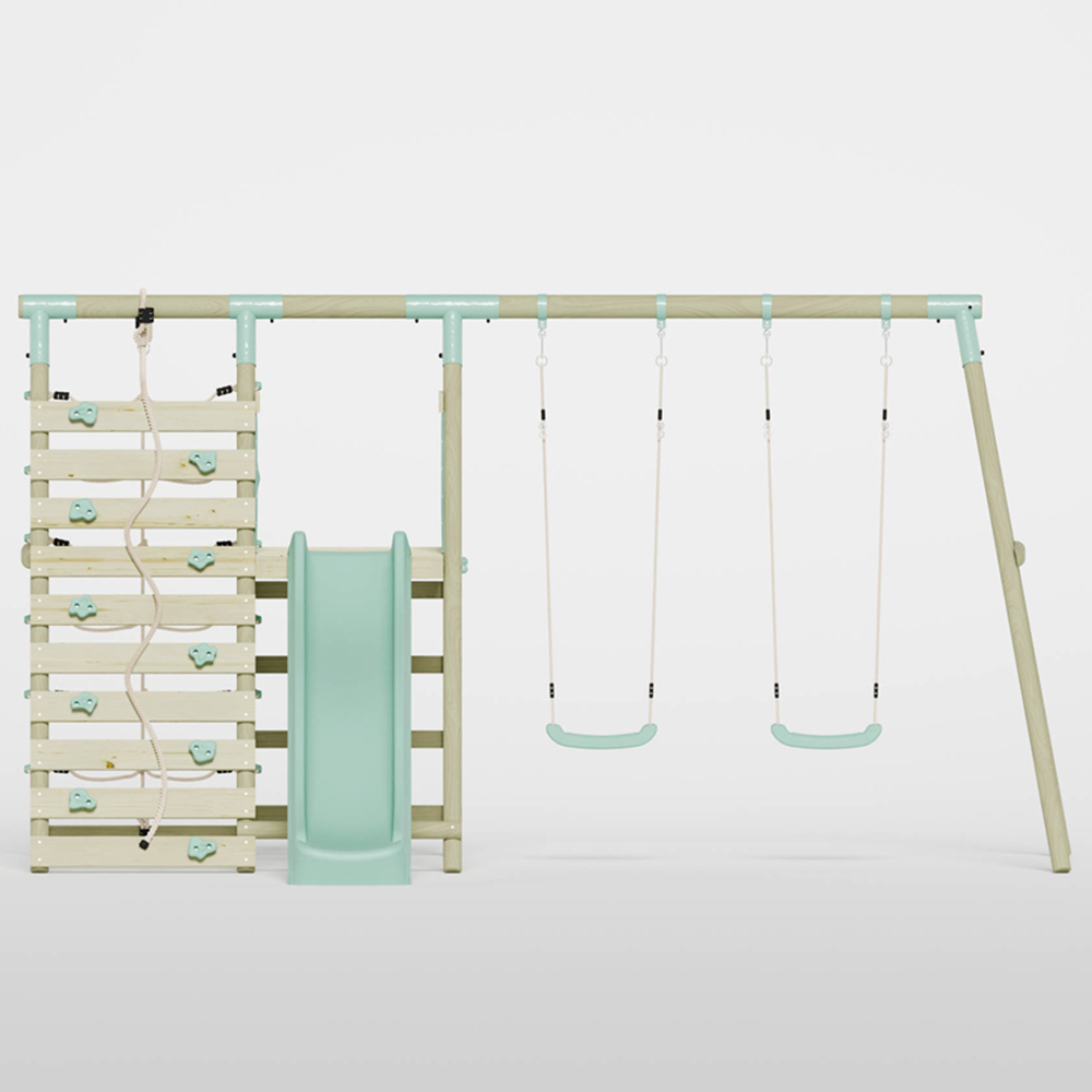 Mercia Wooden Round Pole Double Swing Set with Climbing Wall and Slide Image 3