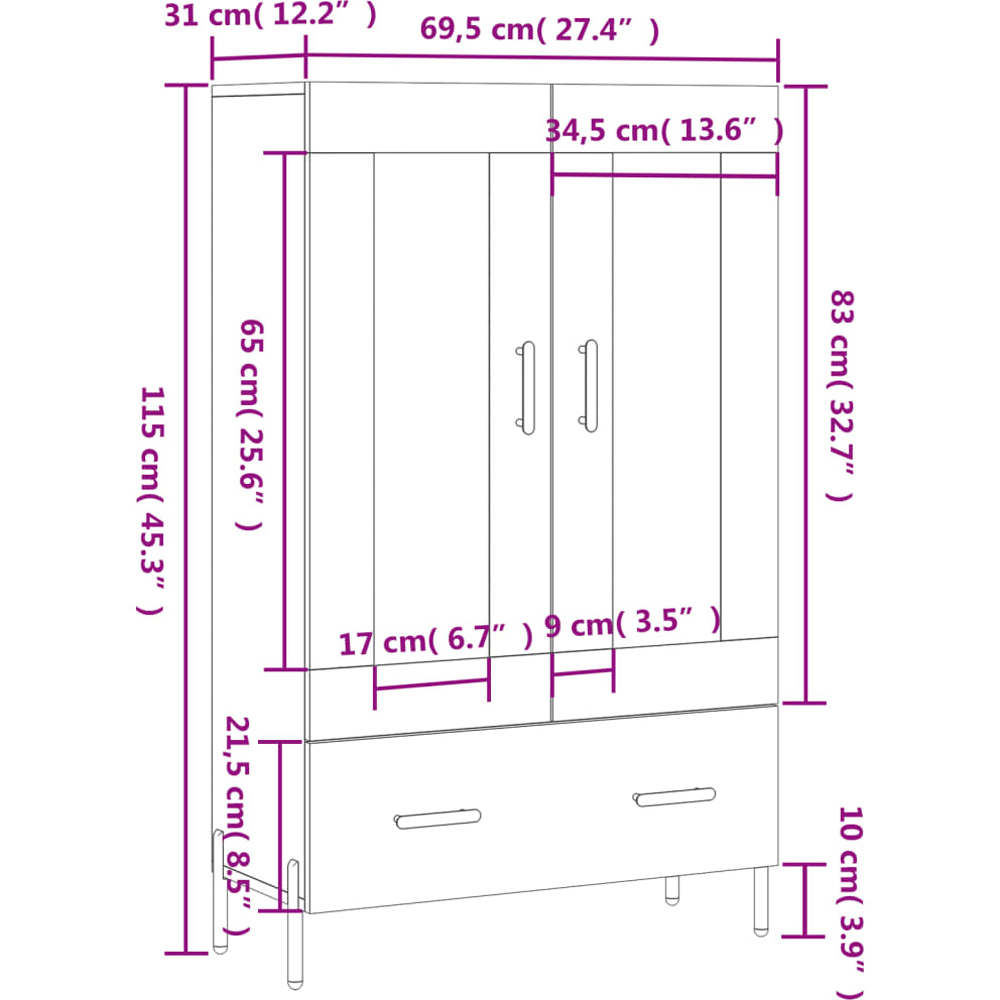 vidaXL 2 Glass Door Single Drawer Concrete Grey Highboard with Metal Legs Image 6