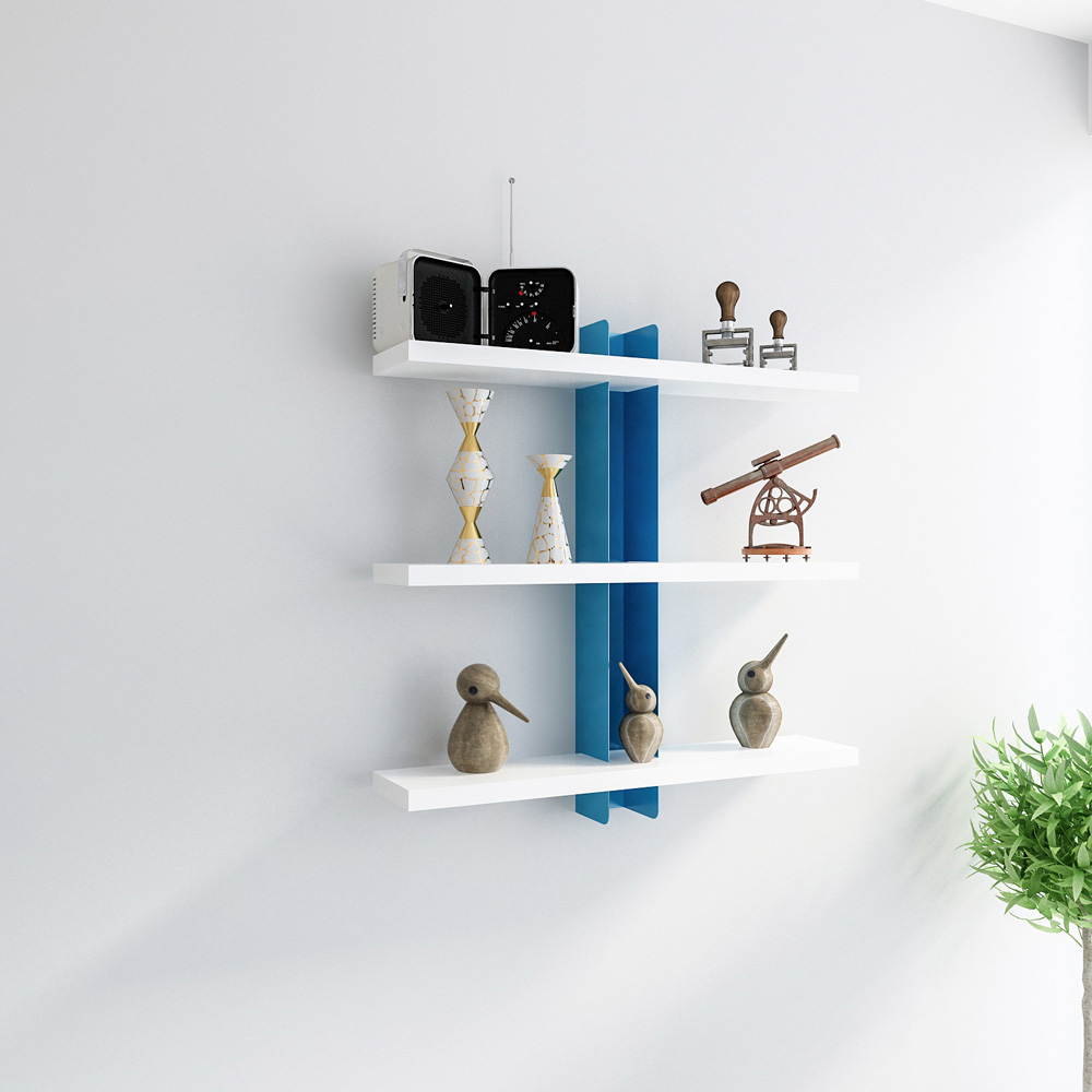 Decorotika Mita 3 Tier White and Blue Wall Mounted Shelf Image 3