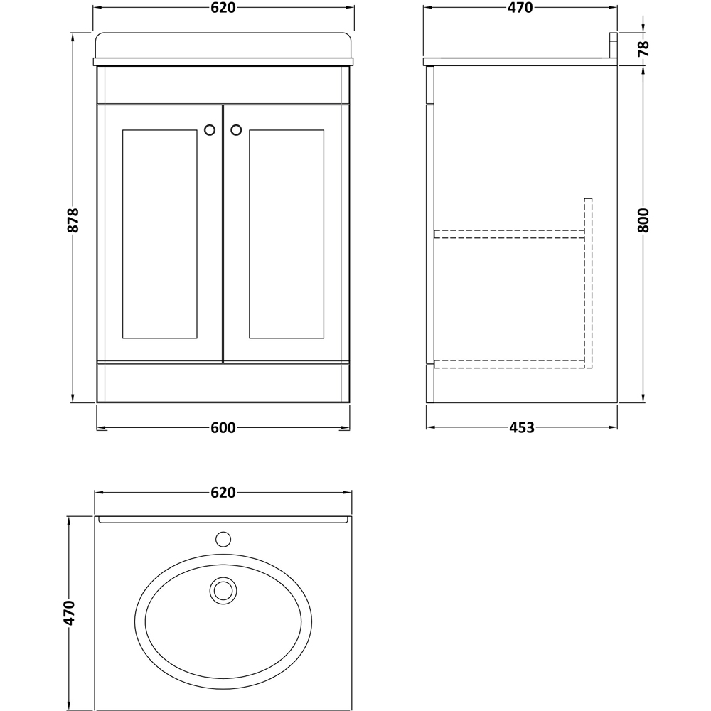 nuie Classique 2 Door Soft Black Floor Standing Unit and 1 Tap Hole Marble Top Oval Basin 600mm Image 3