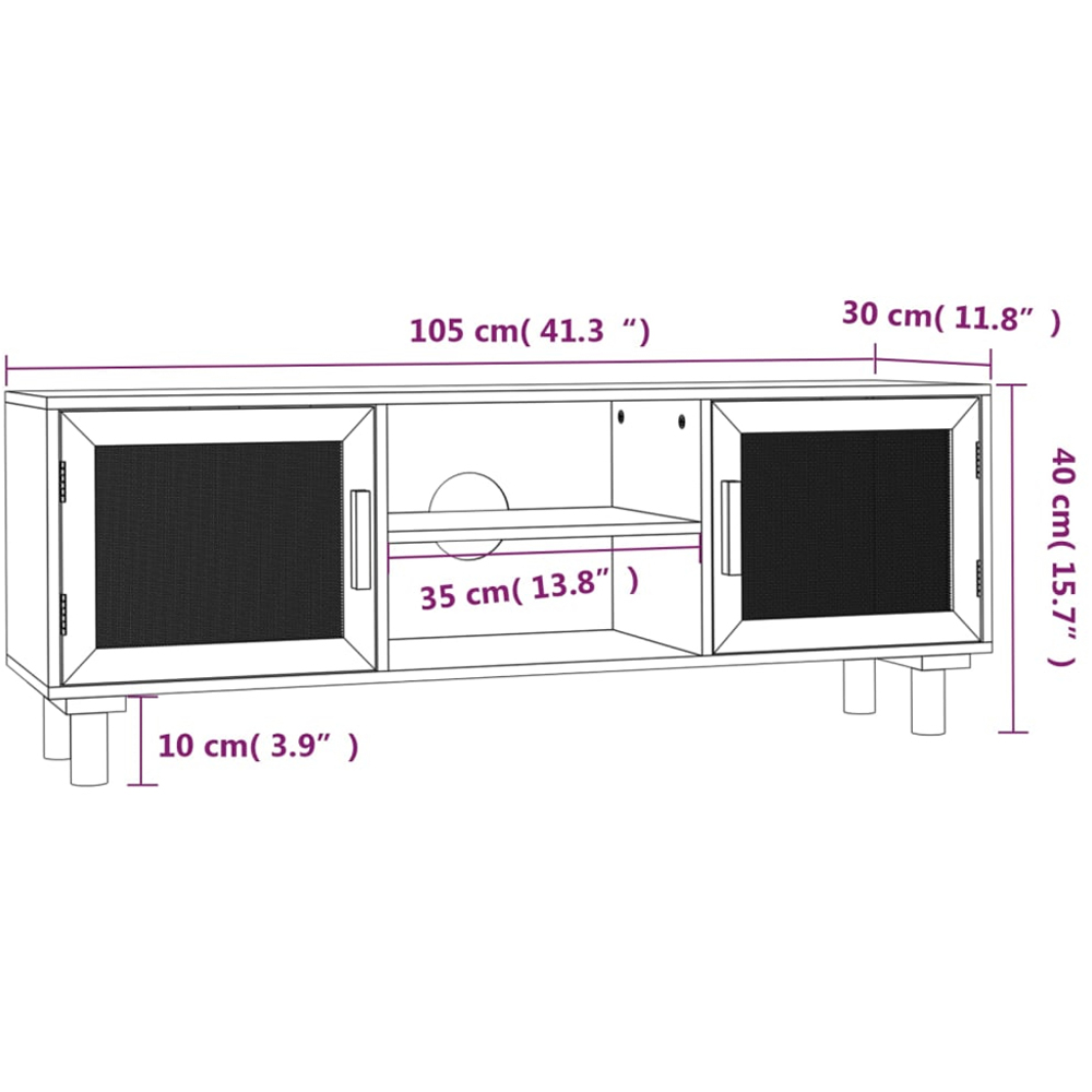 vidaXL 2 Door 2 Shelf Brown Solid Pine Wood and Natural Rattan TV Cabinet Image 8
