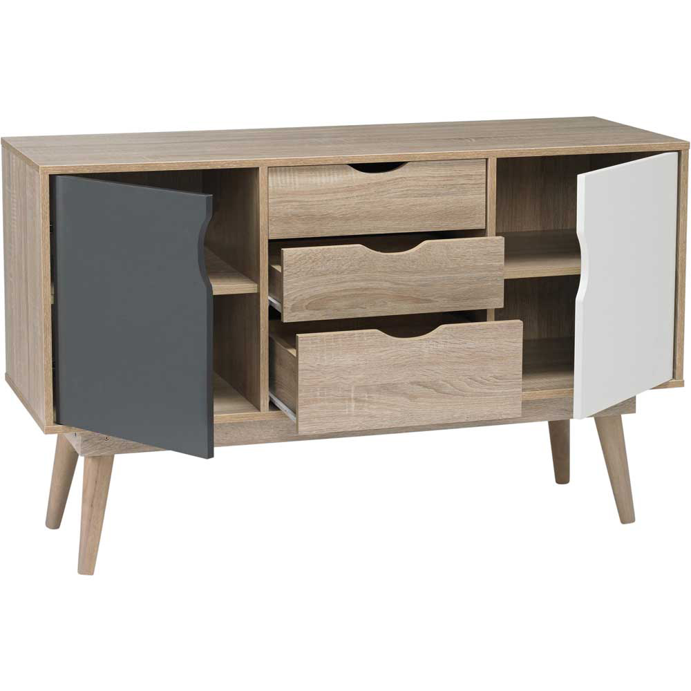 Scandi 2 Door 3 Drawer Grey Black White and Oak Effect Large Sideboard Image 3
