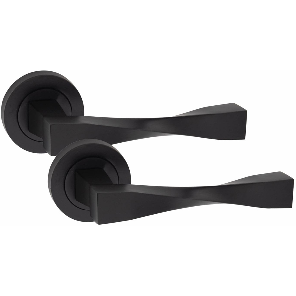 Golden Grace Matt Black Straight Astrid Twist Door Handle Pair with 3 Lever Mortise Hinges and Key Hole 64mm Image 3