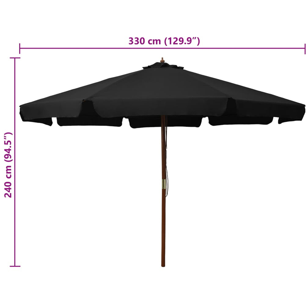 vidaXL Black Garden Parasol with Wooden Pole 3.3m Image 4