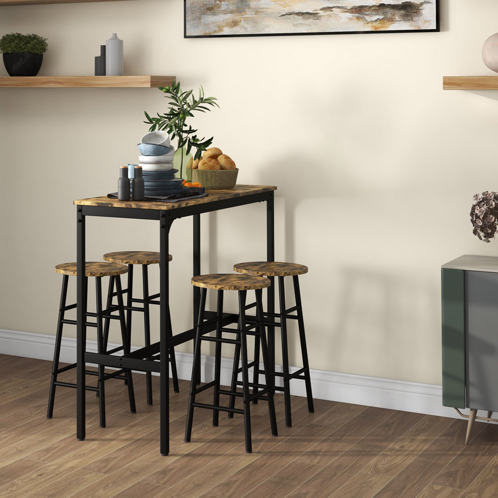 HOMCOM 4 Seater Rustic Brown Industrial Style Bar Table and Stool Set Image 5