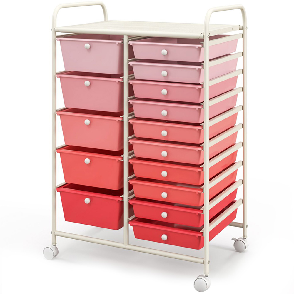 Costway Pink 15 Drawer Rolling Storage Cart Image 1