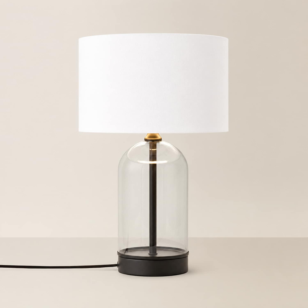 ValueLights Jessy White Fabric Drum Shade Black Trim Glass Table Lamp with Bulb Image 3