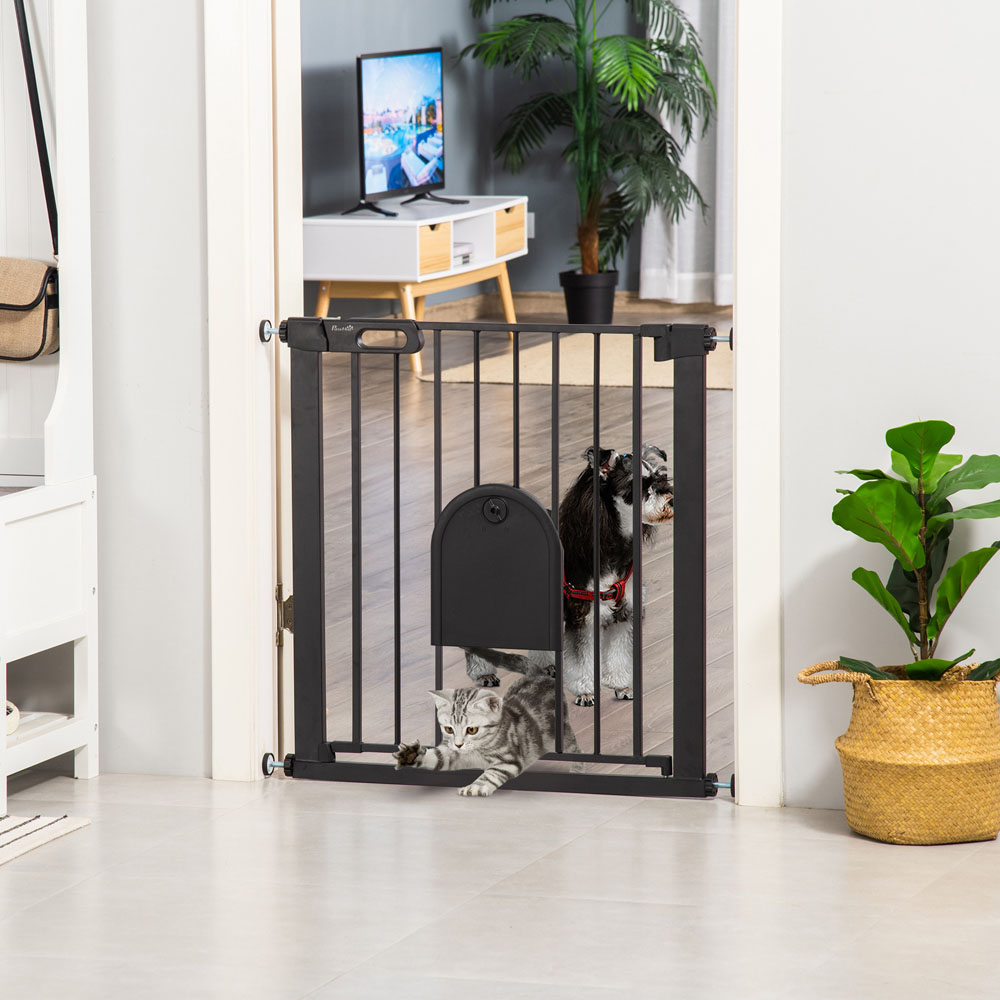 PawHut Black 75-82cm Stair Pressure Fit Pet Safety Gate with Small Cat Flap Image 2