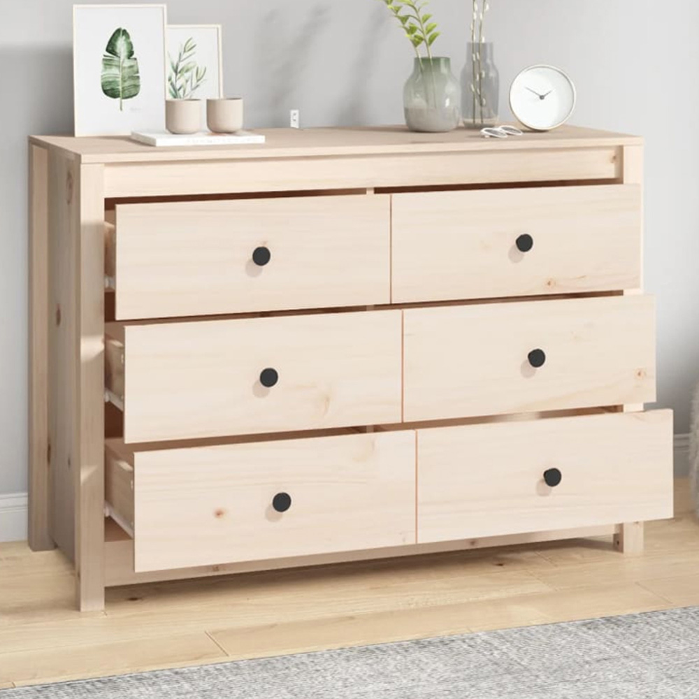 vidaXL 6 Drawer Natural Solid Pine Wood Sideboard Image 1