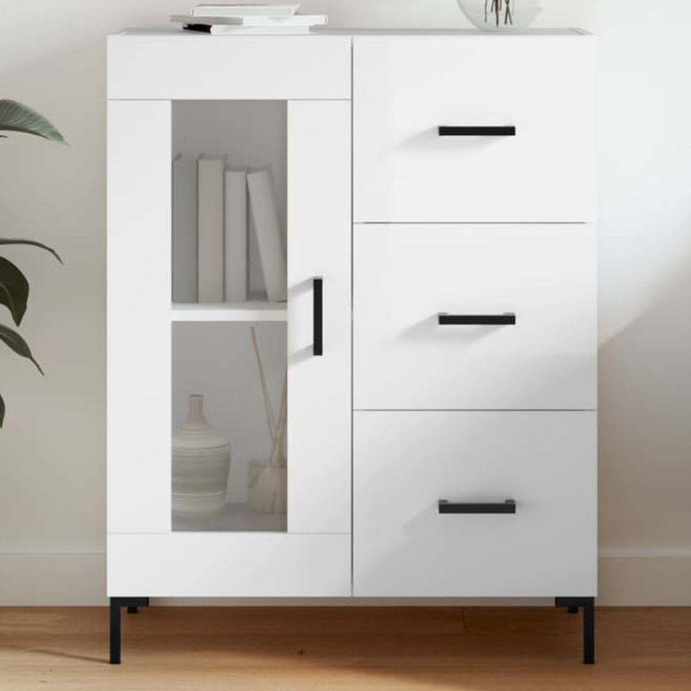 vidaXL Single Glass Door 3 Drawer High Gloss White Sideboard Image 1