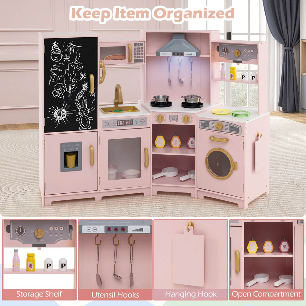 Costway Kids Pink Wooden Corner Kitchen Playset with Lights and Sounds Image 5