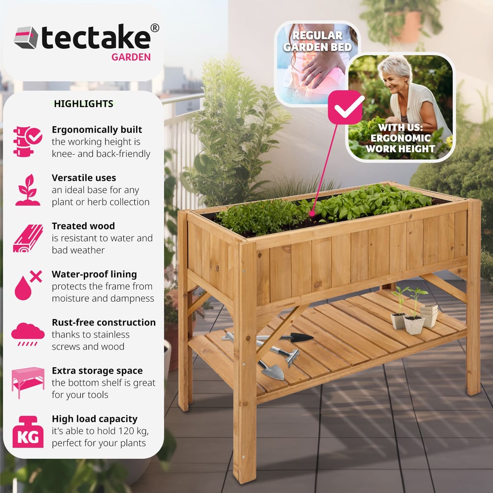 tectake Brown Wooden Raised Bed with Storage Shelf Image 6