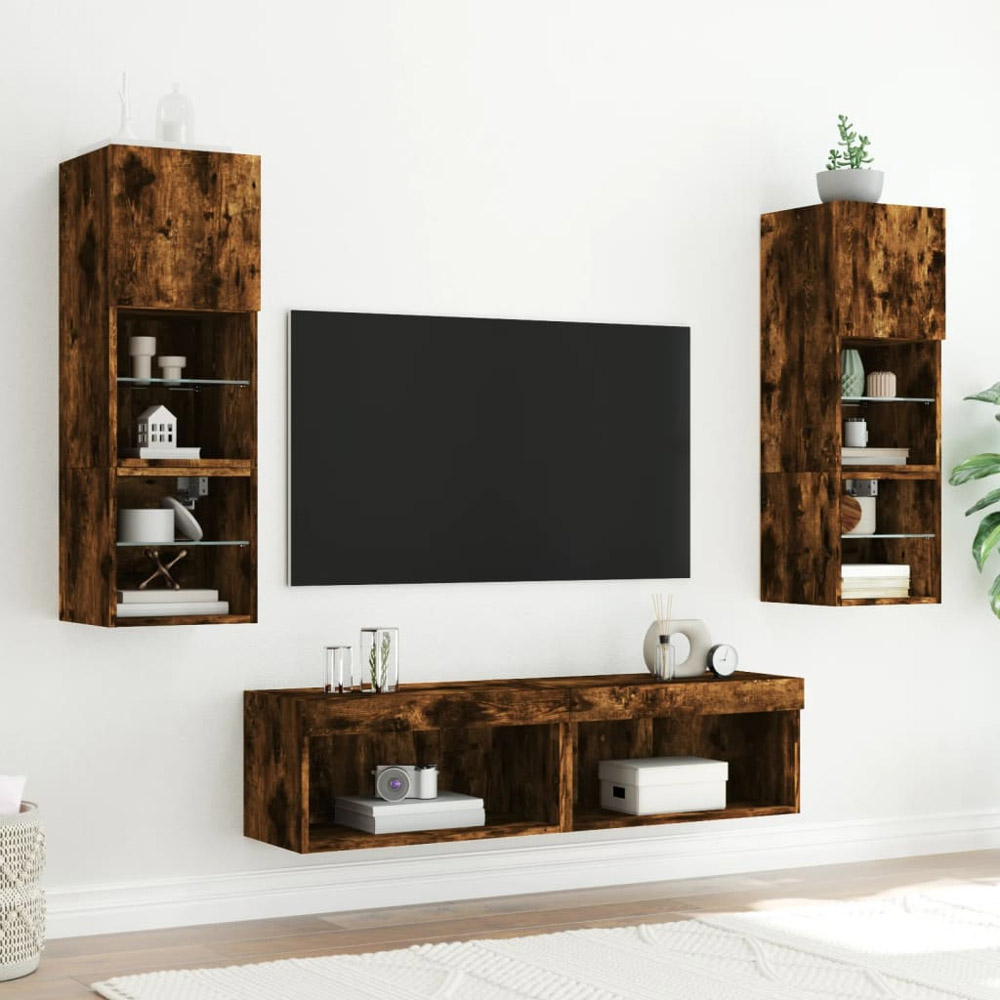 vidaXL Smoked Oak TV Cabinet with LED Light Set of 2 Image 3