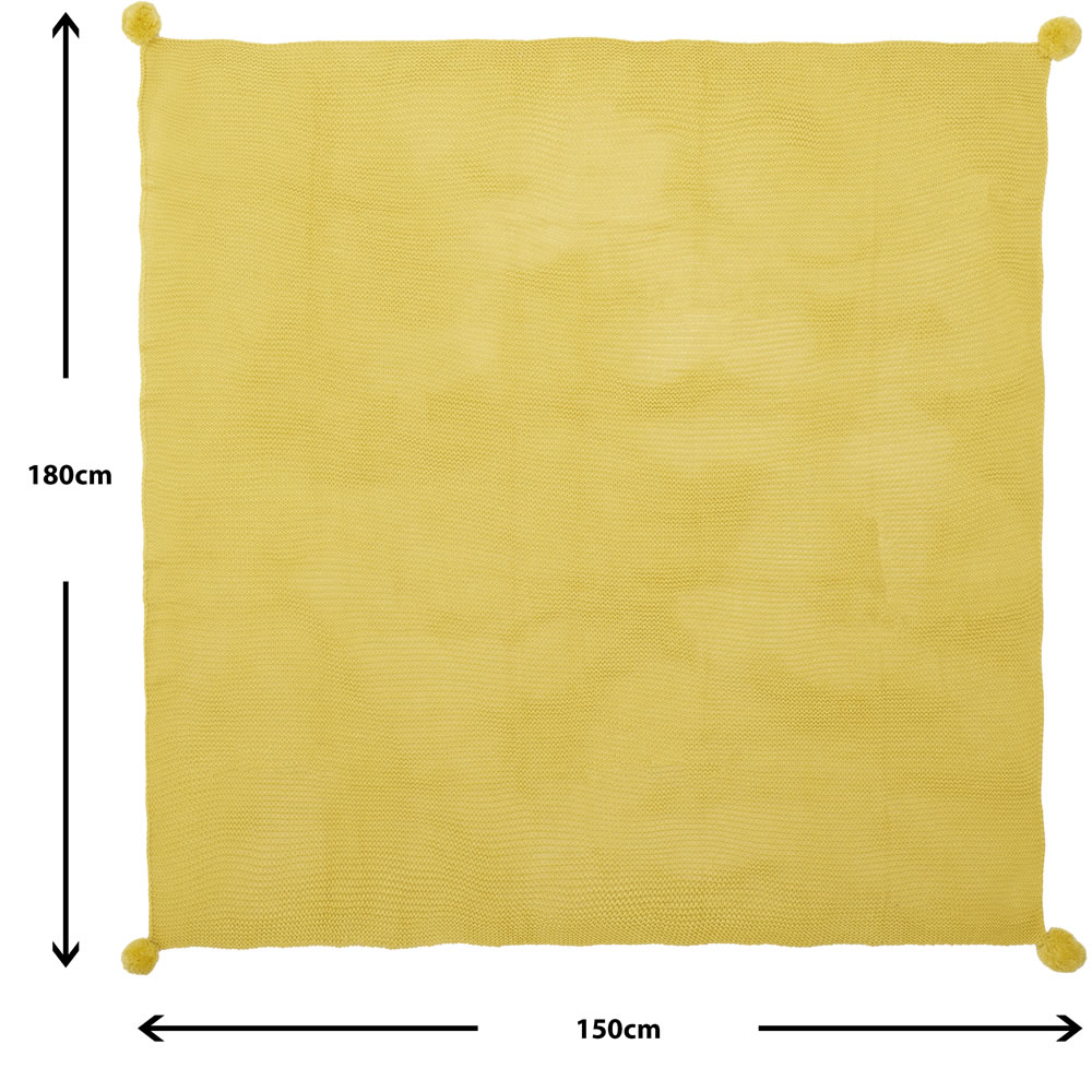 Wilko Mustard Chunky Knit Throw Pom Pom 150 x 180cm Wilko