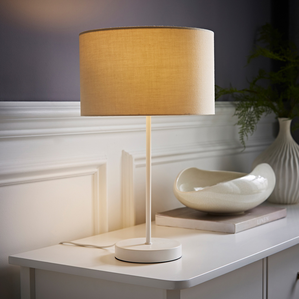 ValueLights Charlie Cream Drum Shade White Table Lamp and Bulb Image 2