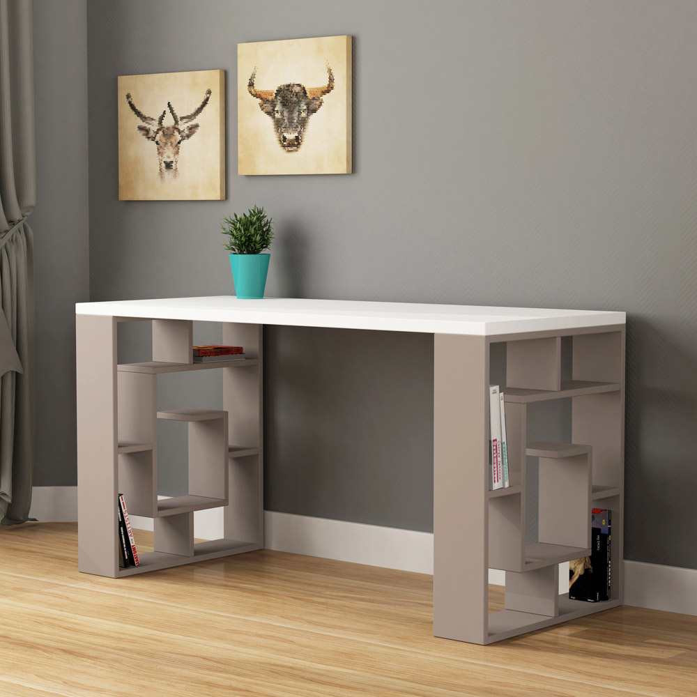 Decortie Labirent Bookshelf Leg Modern Computer Desk White and Mocha Grey Image 3