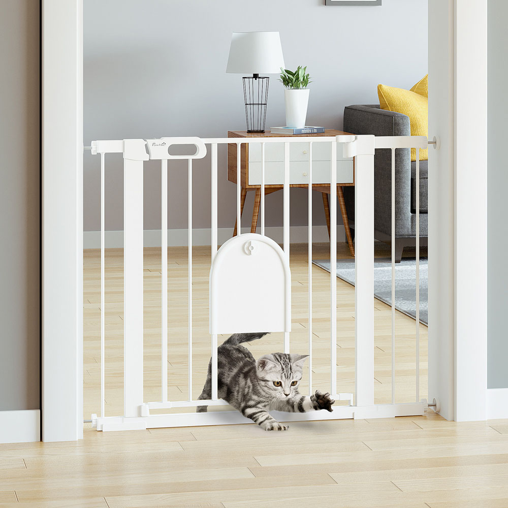 PawHut White 75-103cm Stair Pressure Fit Pet Safety Gate with Small Cat Flap Image 2